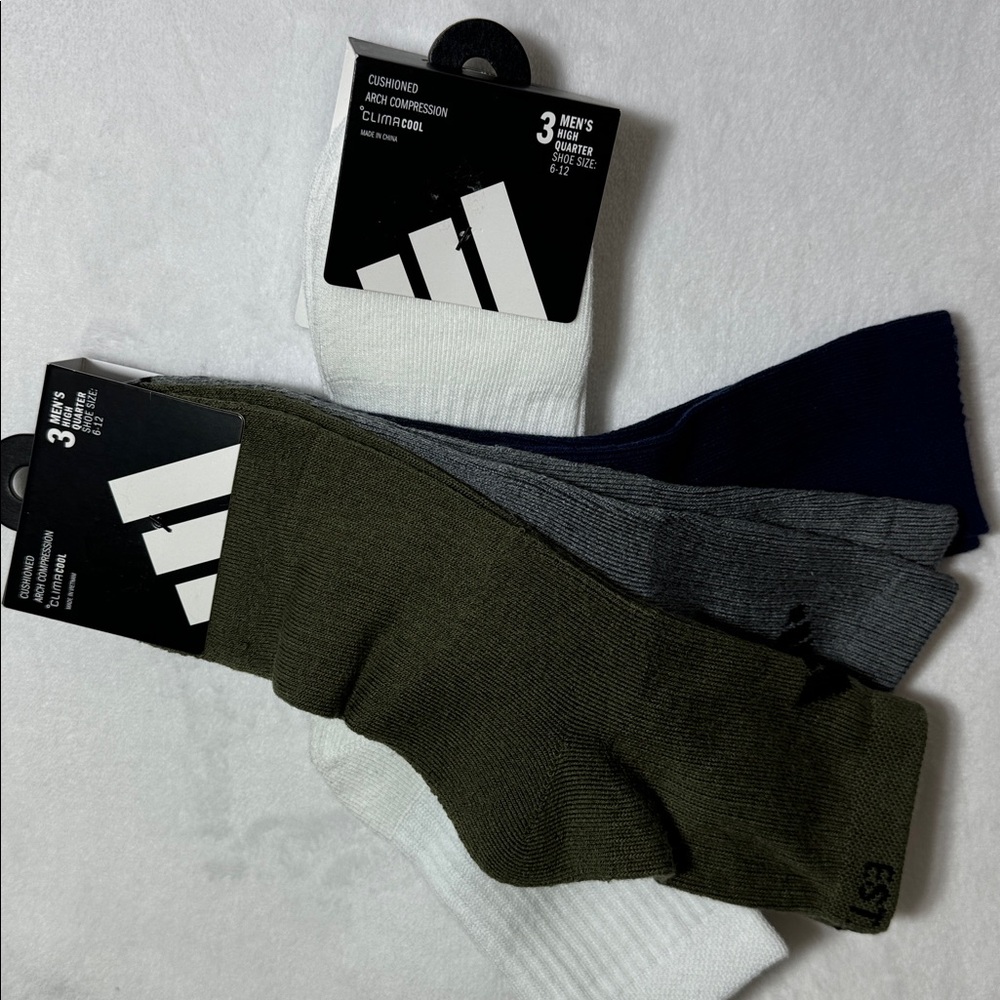 NWT Adidas Men's Multi-Color and White Crew Socks -2 Sets of 3 pair ea Size 6-12